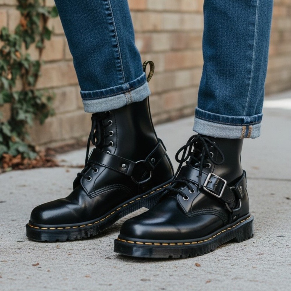 Dr. Martens 1460 Harness Boots Womens 6 Black Leather Buckle Moto Grunge Combat